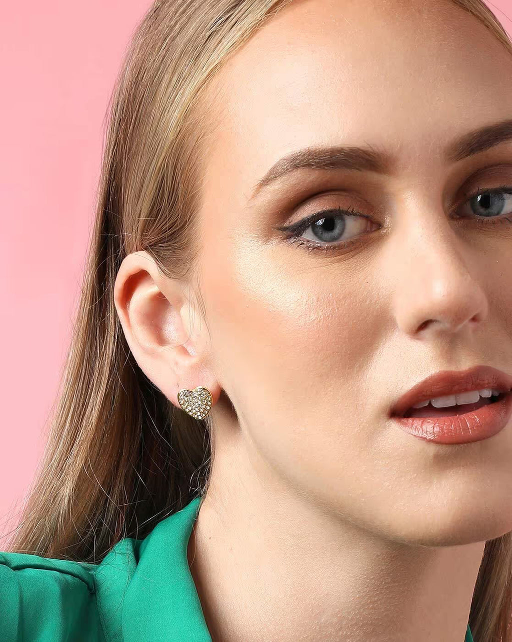Gold-Plated Anti Tarnish Heart shapped Stone-Studded Stud Earrings