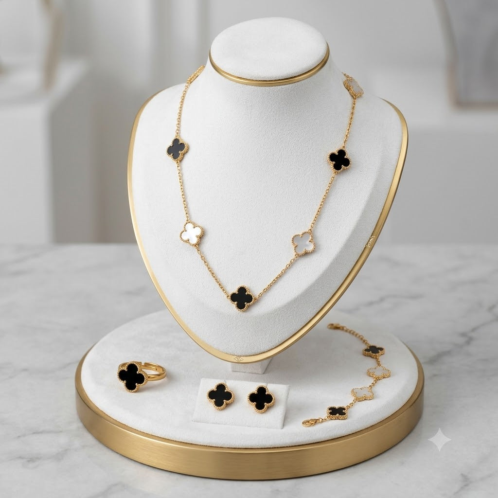 Gold & Onyx Clover 4-Piece Jewelry Set (Necklace, Bracelet, Earrings & Ring)