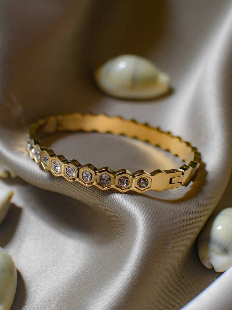 Gold Plated Hexagon Honeycomb Bangle | Geometric Crystal Pave Hinged Bracelet