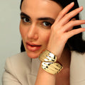 Bold Ribbed Gold Bypass Cuff | Sculptural Statement Wide Bangle