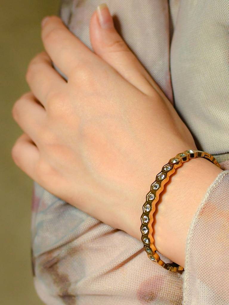 Gold Plated Hexagon Honeycomb Bangle | Geometric Crystal Pave Hinged Bracelet
