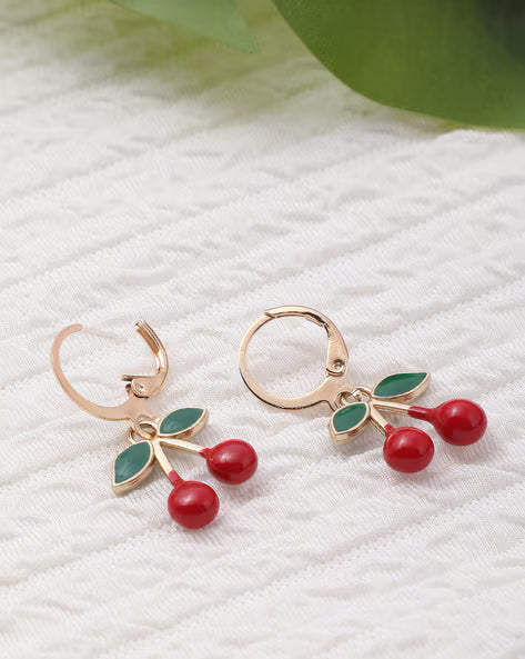Enamel Cherry Charm Hoop Earrings for Women | Playful Stylish Fruit Hoops