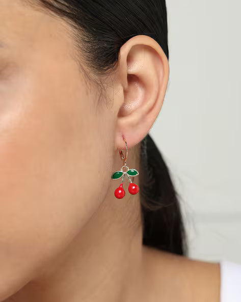 Enamel Cherry Charm Hoop Earrings for Women | Playful Stylish Fruit Hoops