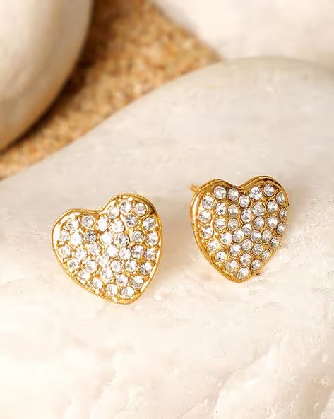 Gold-Plated Anti Tarnish Heart shapped Stone-Studded Stud Earrings