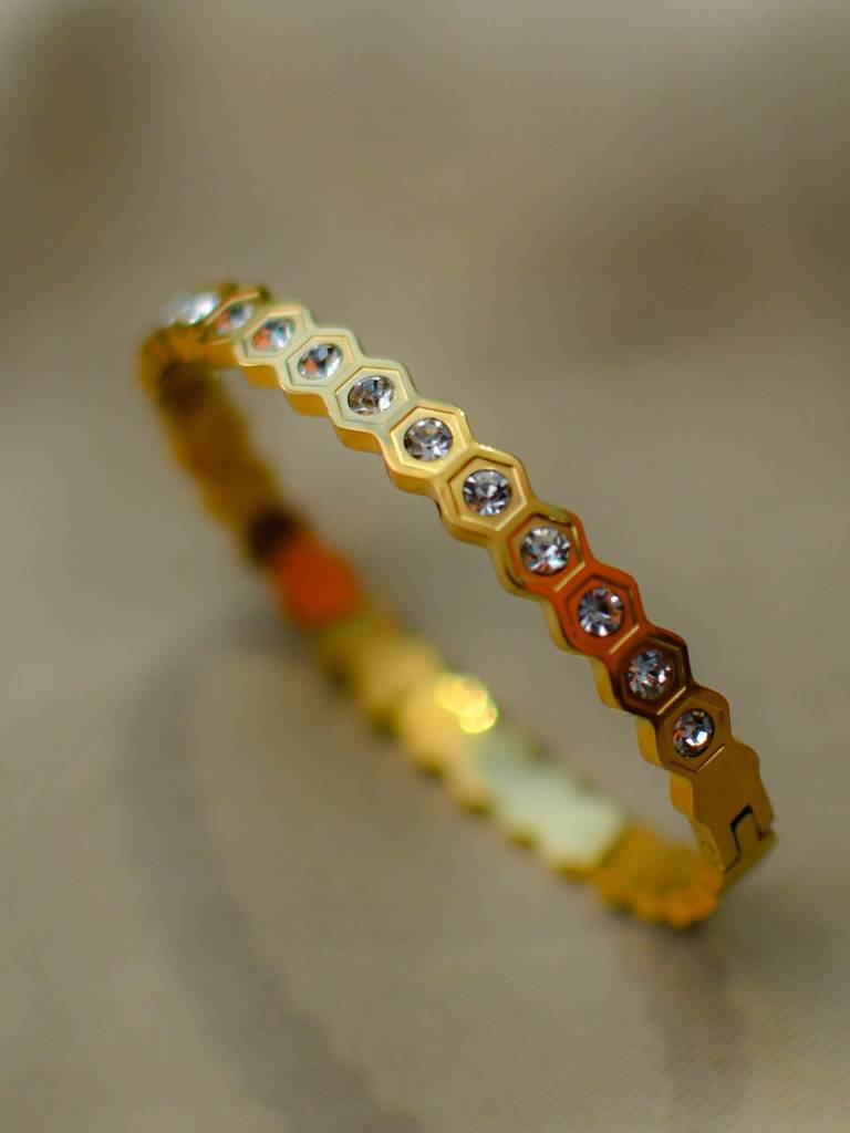 Gold Plated Hexagon Honeycomb Bangle | Geometric Crystal Pave Hinged Bracelet