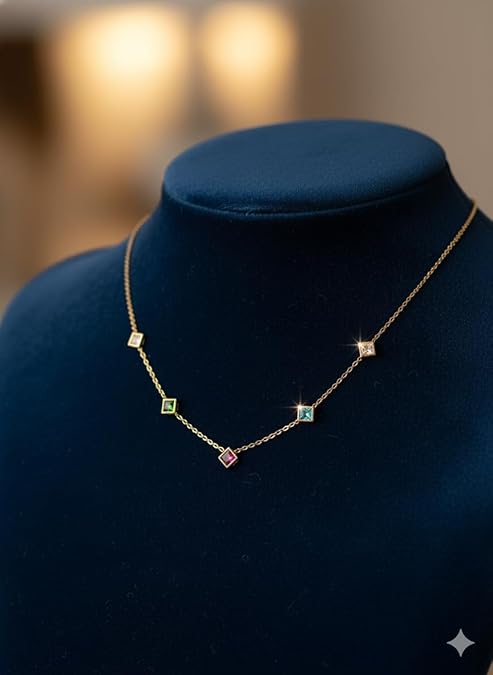 Elegant Geometric Multicolor Diagonal Stone Necklace & Earring Set – Anti Tarnish Gold-Plated Jewellery