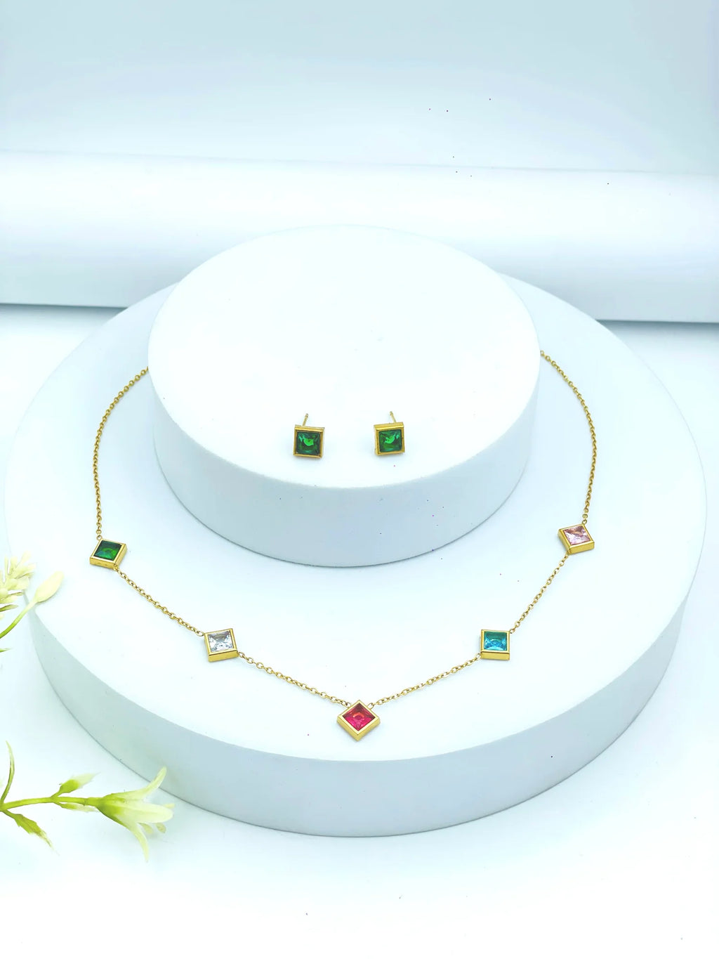 Elegant Geometric Multicolor Diagonal Stone Necklace & Earring Set – Anti Tarnish Gold-Plated Jewellery