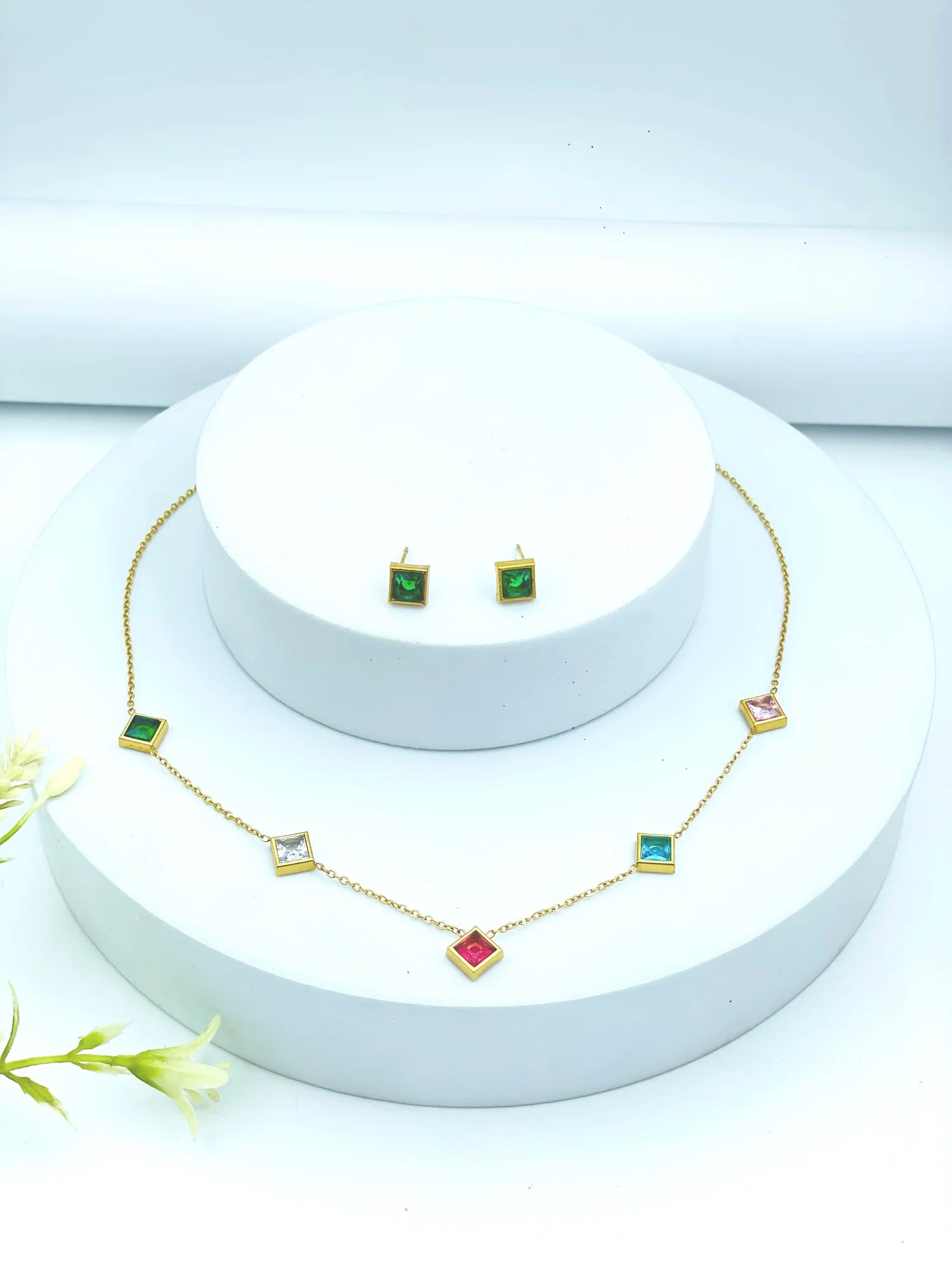 Elegant Geometric Multicolor Diagonal Stone Necklace & Earring Set – Anti Tarnish Gold-Plated Jewellery