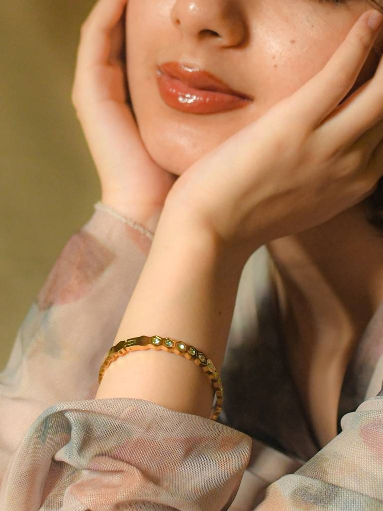 Gold Plated Hexagon Honeycomb Bangle | Geometric Crystal Pave Hinged Bracelet