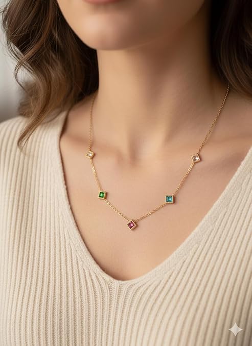 Elegant Geometric Multicolor Diagonal Stone Necklace & Earring Set – Anti Tarnish Gold-Plated Jewellery