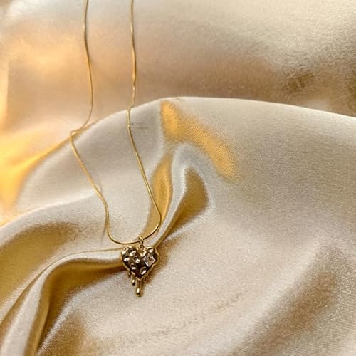 Gold-Plated Anti Tarnish Edgy Gold Melting Heart Necklace – Dripping Crystal Heart Pendant