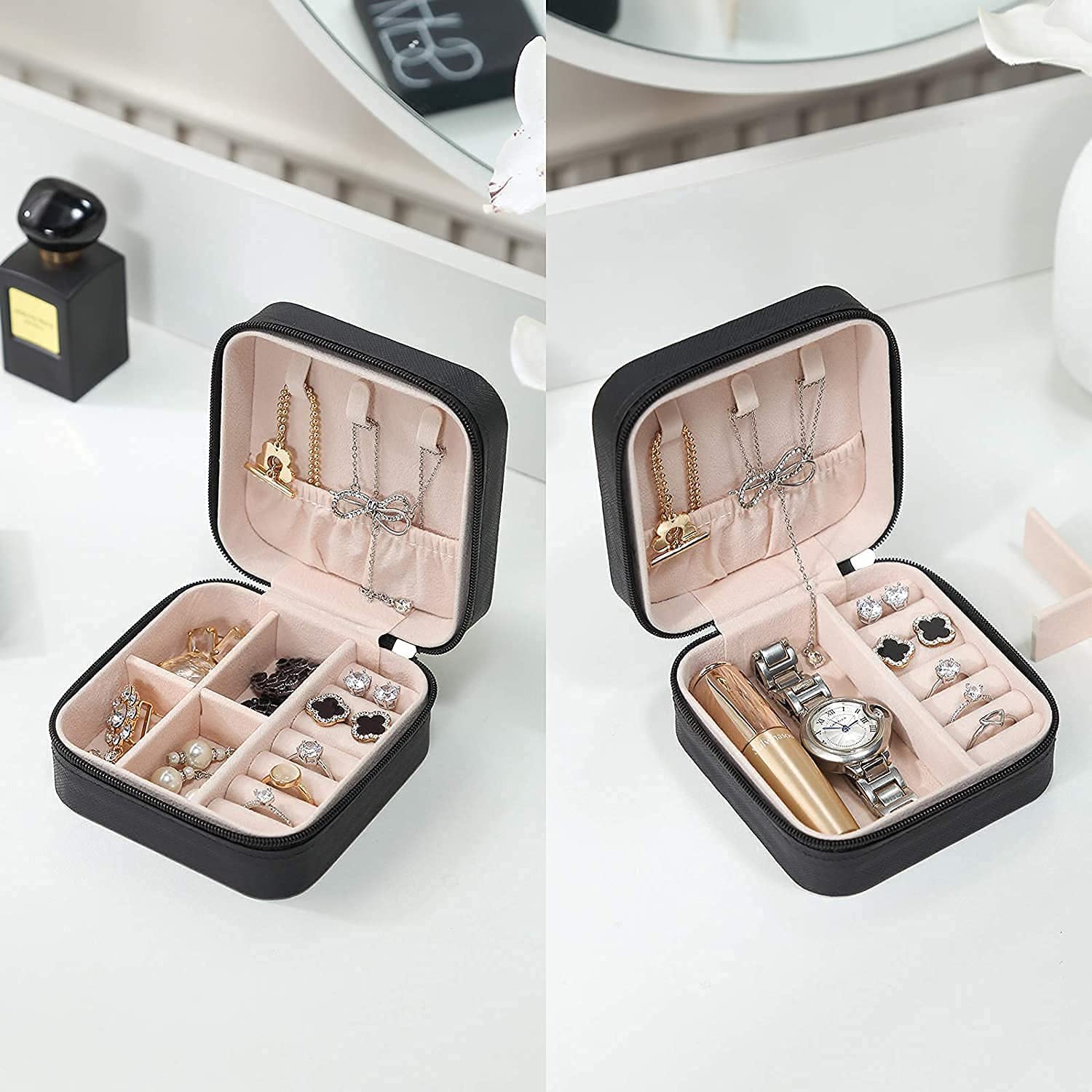 Mini Jewelry Travel Box, Small Portable Jewelry Storage Holder for Women's Rings Earrings Necklaces (Black)