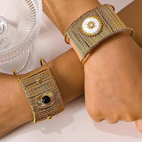 Gold Celestial Sunburst Statement Cuff | Artisan Wire-Wrapped Bangle with White Medallion