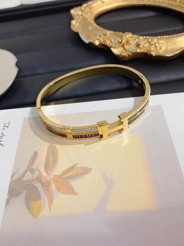 Gold Plated "H" Signature Bangle | Crystal Pave Monogram Hinged Bracelet