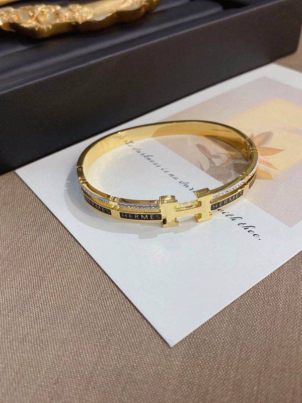 Gold Plated "H" Signature Bangle | Crystal Pave Monogram Hinged Bracelet