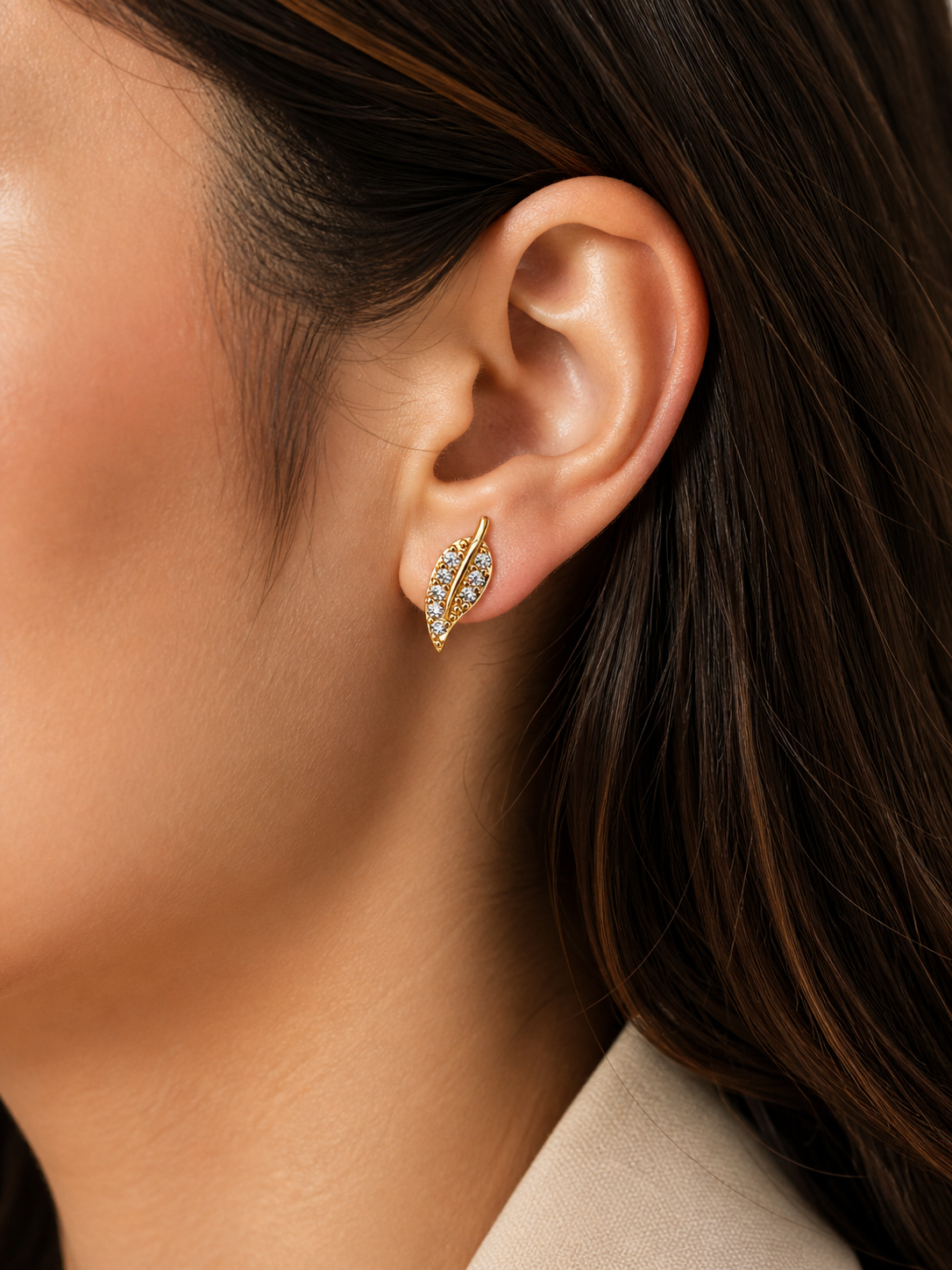 Dainty Leaf CZ Stud Earrings – Nature-Inspired Gold Plated Anti Tarnish