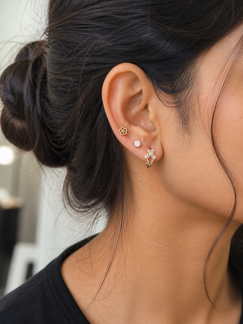 3-in-1 Floral CZ Stud &amp; Hoop Earrings Set – Anti Tarnish Gold Plated