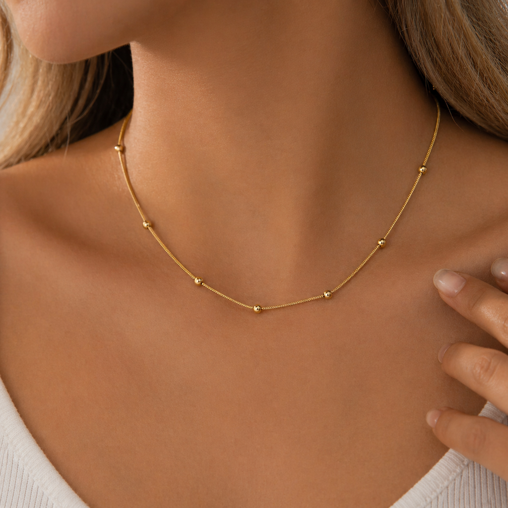 Gold-Plated Anti Tarnish Minimal Beaded Chain Necklace