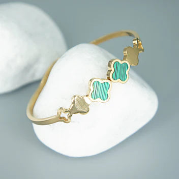 Gold Plated Malachite Clover Bangle | Green Quatrefoil Station Hinged Bracelet