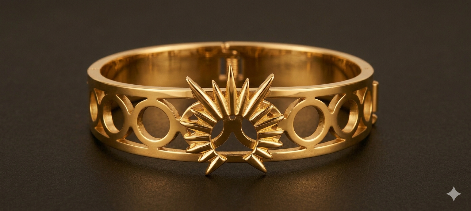 Gold Plated Sunburst Medallion Bangle | Open-Circle Statement Hinged Bracelet