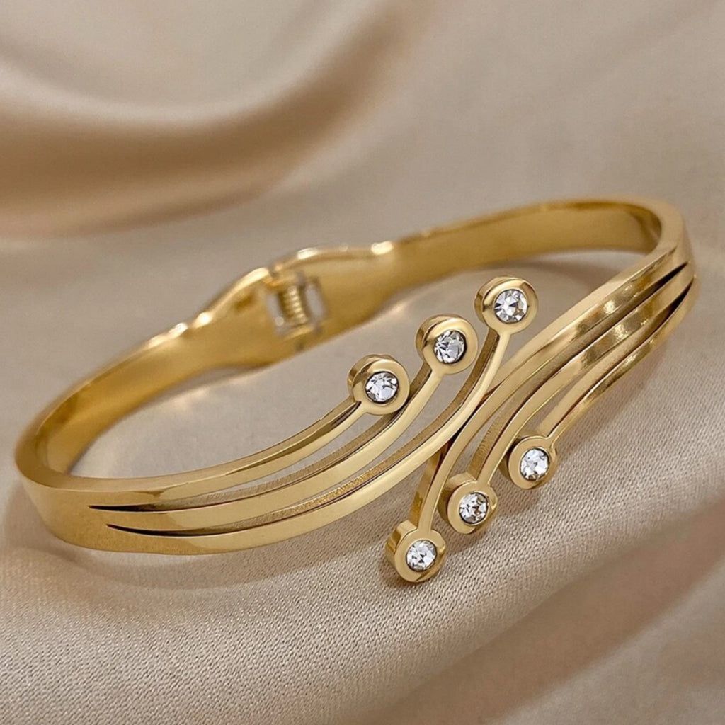 Gold Plated Flowing Lines Crystal Bangle