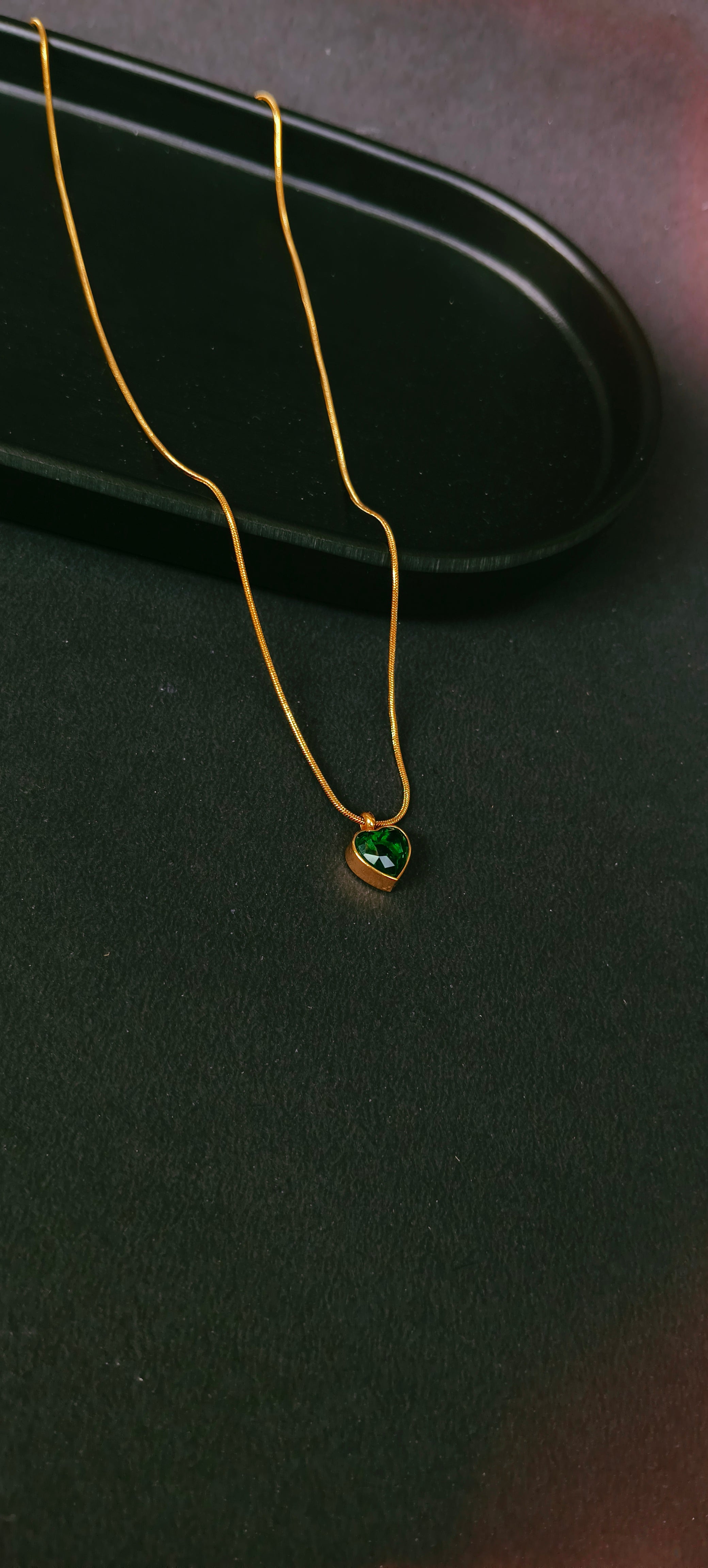 Green Heart Crystal Gold Necklace | Anti-Tarnish Minimal Snake Chain