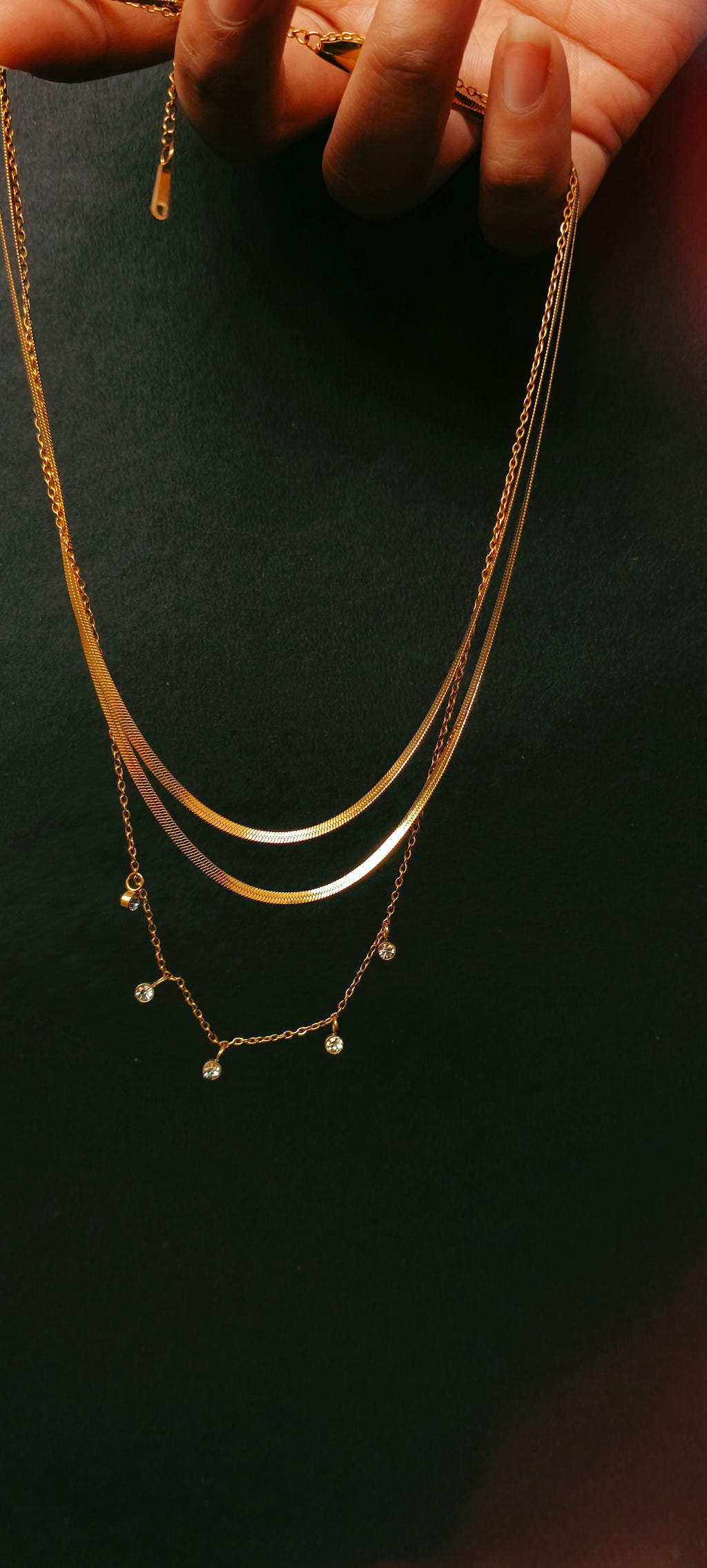 Gold Layered Snake Chain Necklace with Crystal Drops | Anti-Tarnish Minimal Jewelry