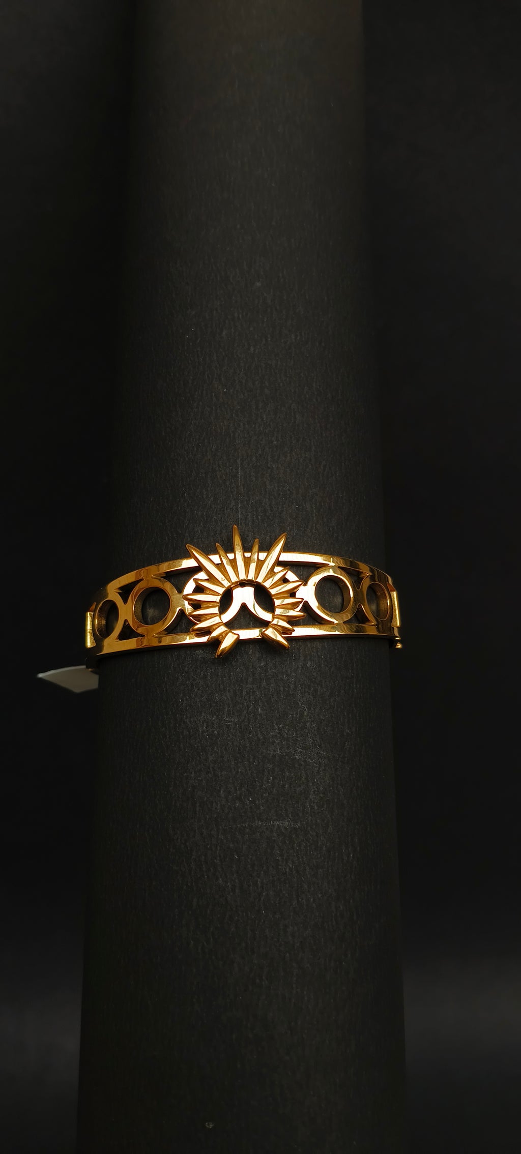Gold Plated Sunburst Medallion Bangle | Open-Circle Statement Hinged Bracelet
