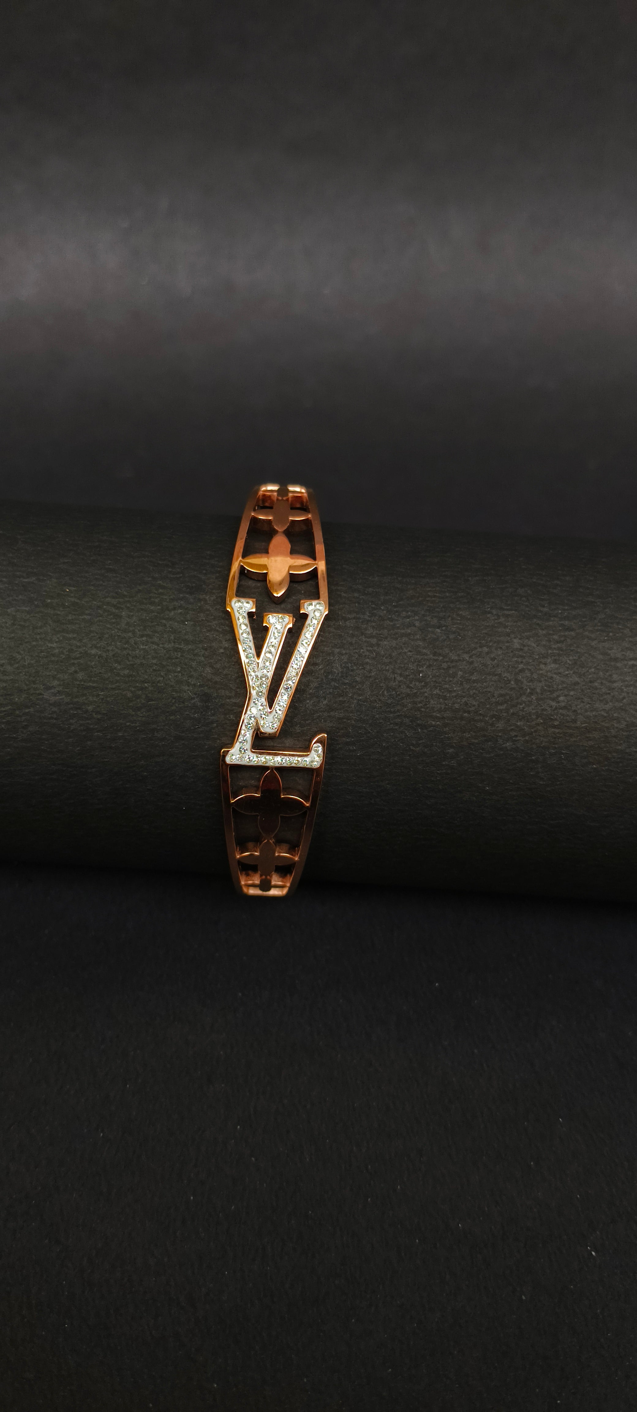 Rose Gold Crystal Pave Monogram Bangle | Designer-Inspired Open-Work Hinged Bracelet