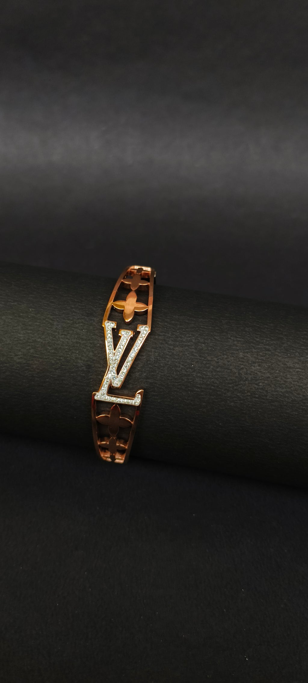 Rose Gold Crystal Pave Monogram Bangle | Designer-Inspired Open-Work Hinged Bracelet