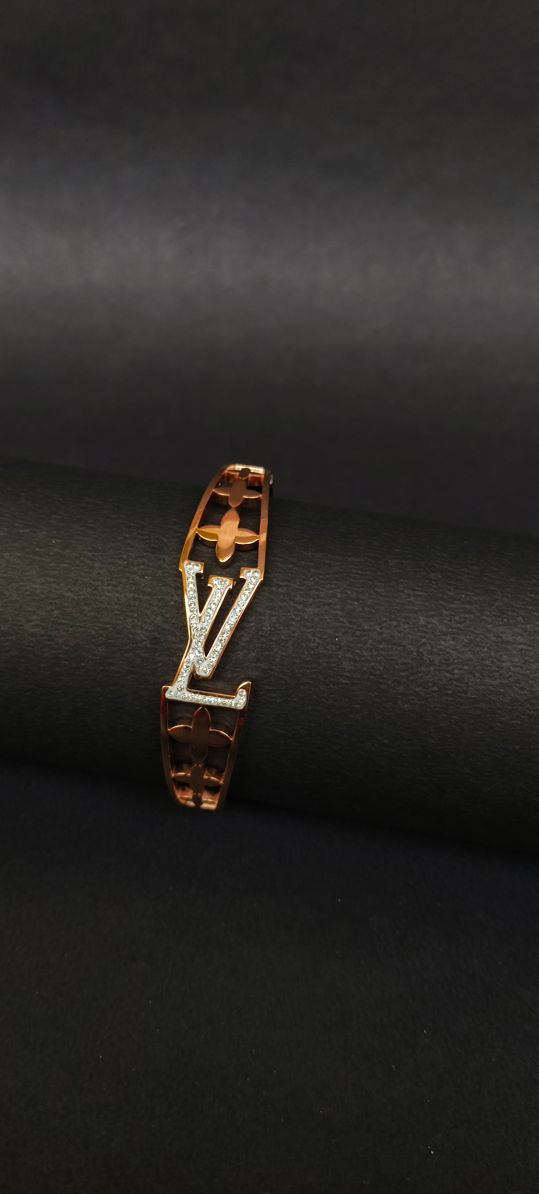 Rose Gold Crystal Pave Monogram Bangle | Designer-Inspired Open-Work Hinged Bracelet