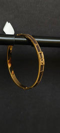Gold Plated Monogram Bangle | Classic Brown Leather Inlay Hinged Bracelet