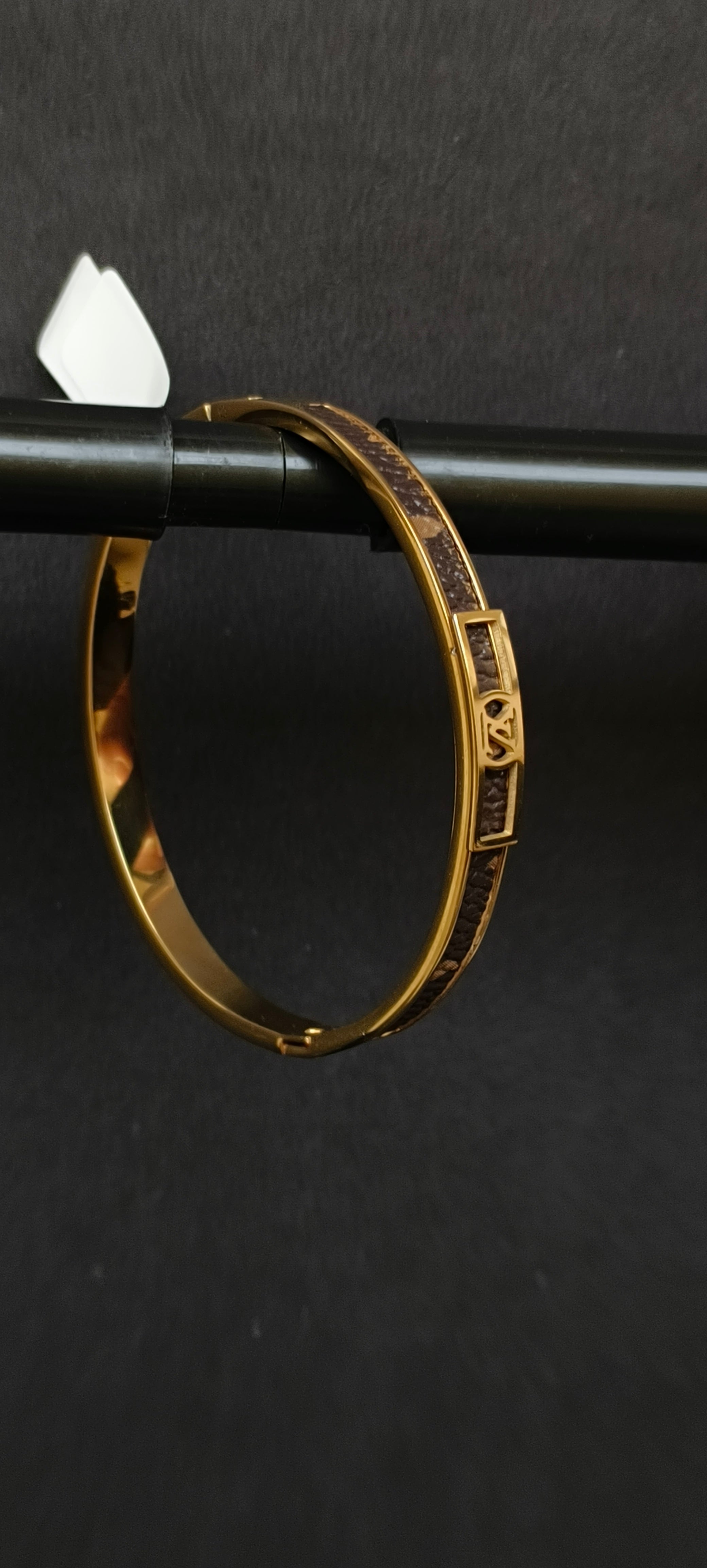 Gold Plated Monogram Bangle | Classic Brown Leather Inlay Hinged Bracelet