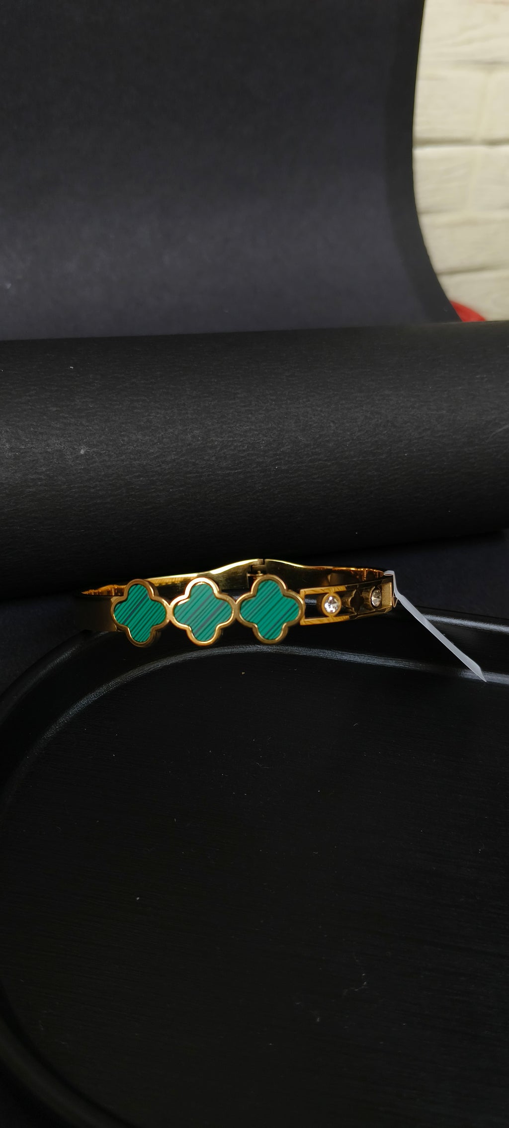 Gold Plated Malachite Clover Bangle | Green Quatrefoil Station Hinged Bracelet