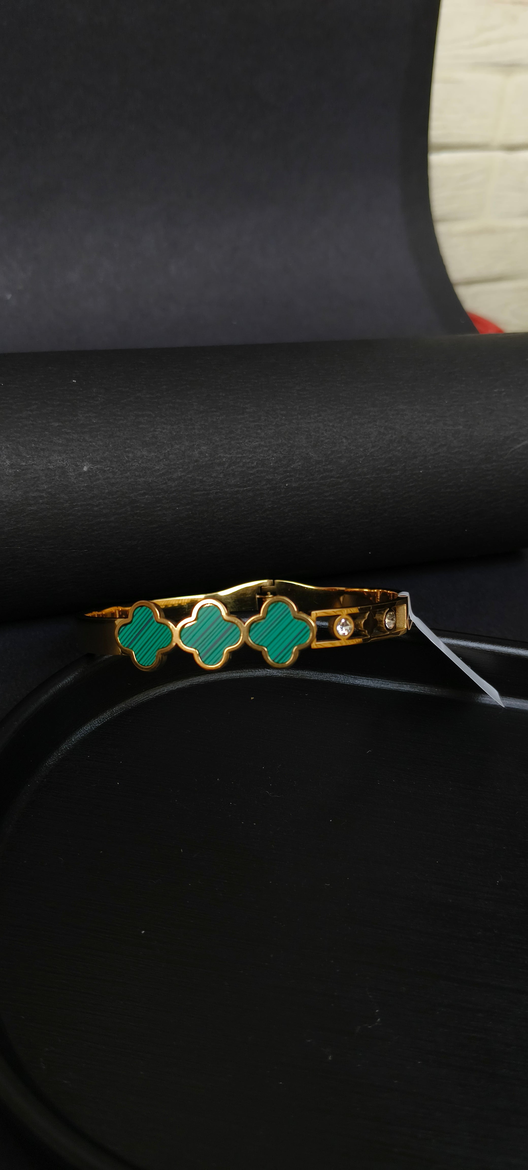Gold Plated Malachite Clover Bangle | Green Quatrefoil Station Hinged Bracelet