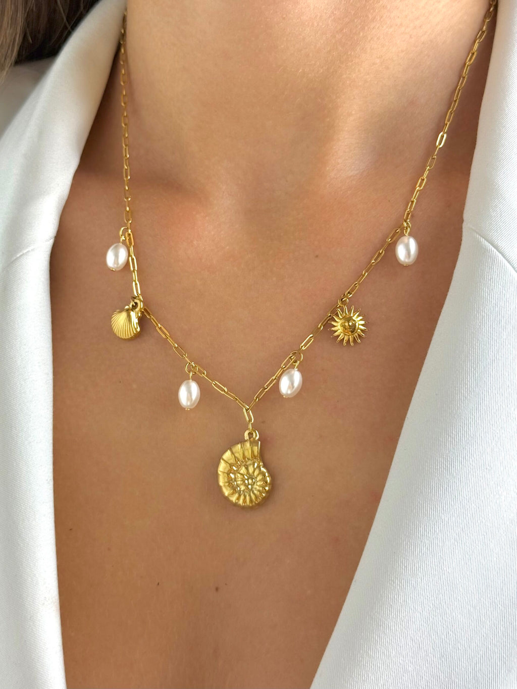 AQUASTREET Shell and Sea Charms Pearl 18K Gold Plated Waterproof Anti-Tarnish Necklace