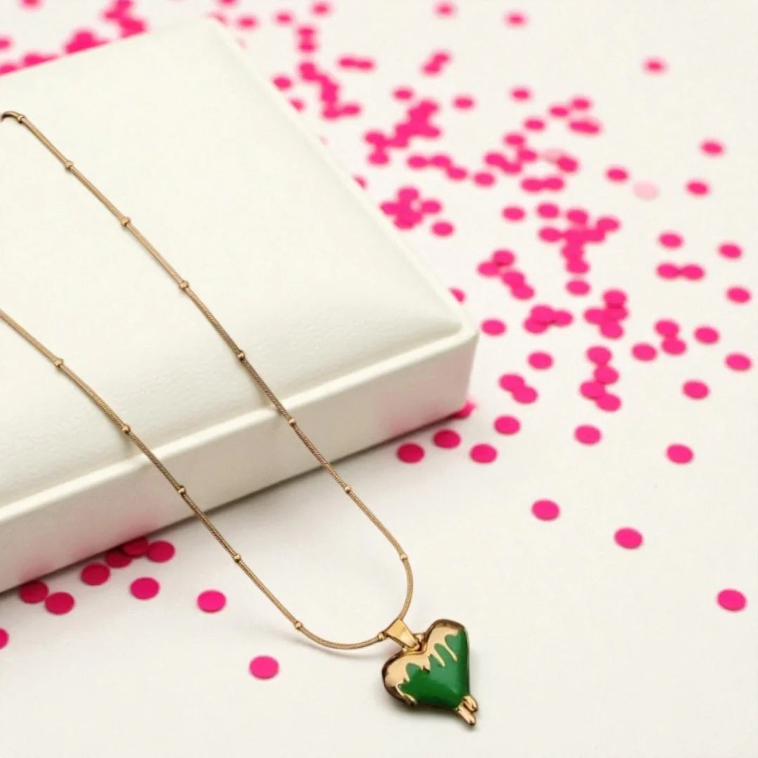 Gold-Plated Anti Tarnish Green Heart Drip Pendant Necklace