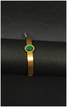 Gold Mesh Belt Bracelet with Green Malachite Cabochon | Vintage-Inspired Textured Watch-Band Bangle