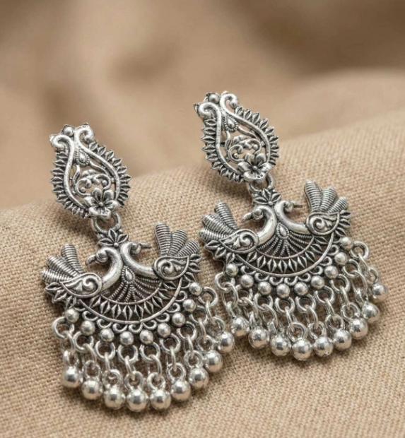 Twin Peacock Filigree Oxidised Silver Chandbali Earrings