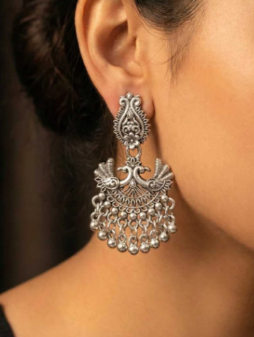 Twin Peacock Filigree Oxidised Silver Chandbali Earrings