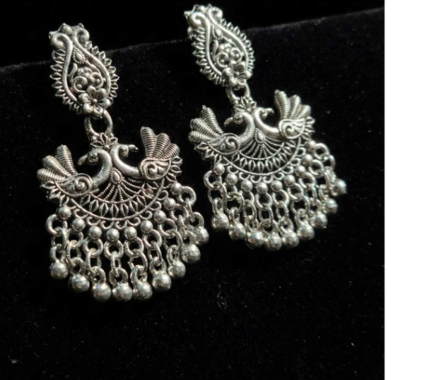 Twin Peacock Filigree Oxidised Silver Chandbali Earrings