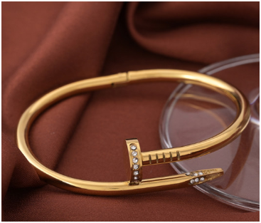 Gold Plated Crystal Pave Nail Bangle | Luxe Industrial Bypass Bracelet