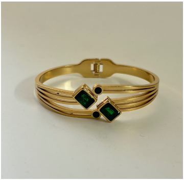 Anti Tarnish Emerald Green Geometric Cuff Bracelet – Gold Plated