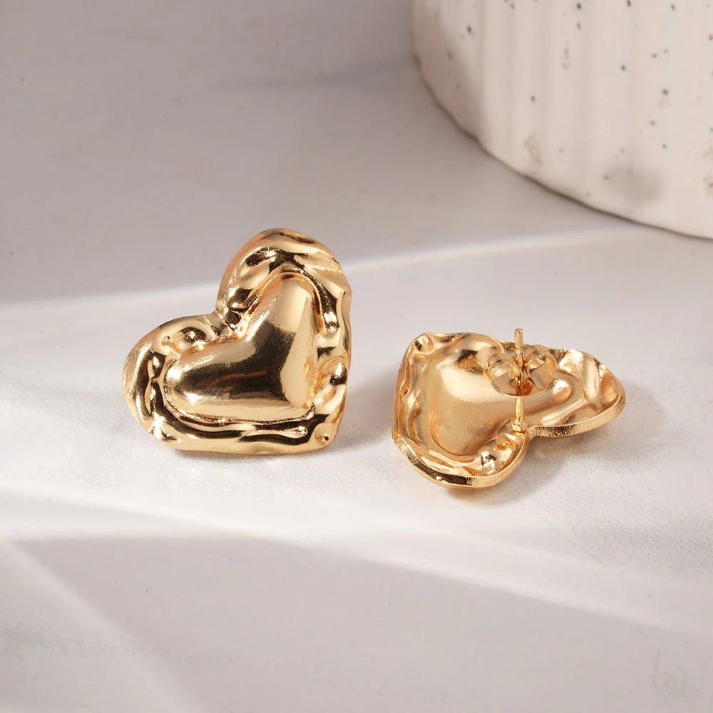 Luxe Heart Stud Earrings for Women & Girls | Elegant Minimalist Design | Gold Tone Statement Studs | Everyday Fashion Jewelry