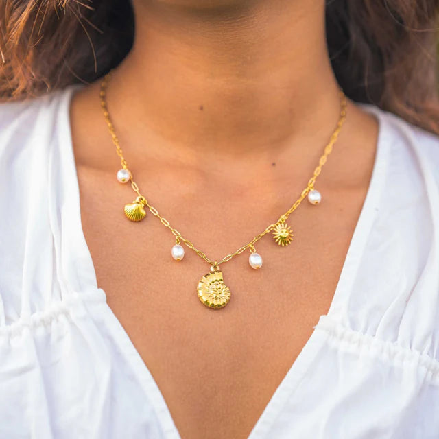 AQUASTREET Shell and Sea Charms Pearl 18K Gold Plated Waterproof Anti-Tarnish Necklace