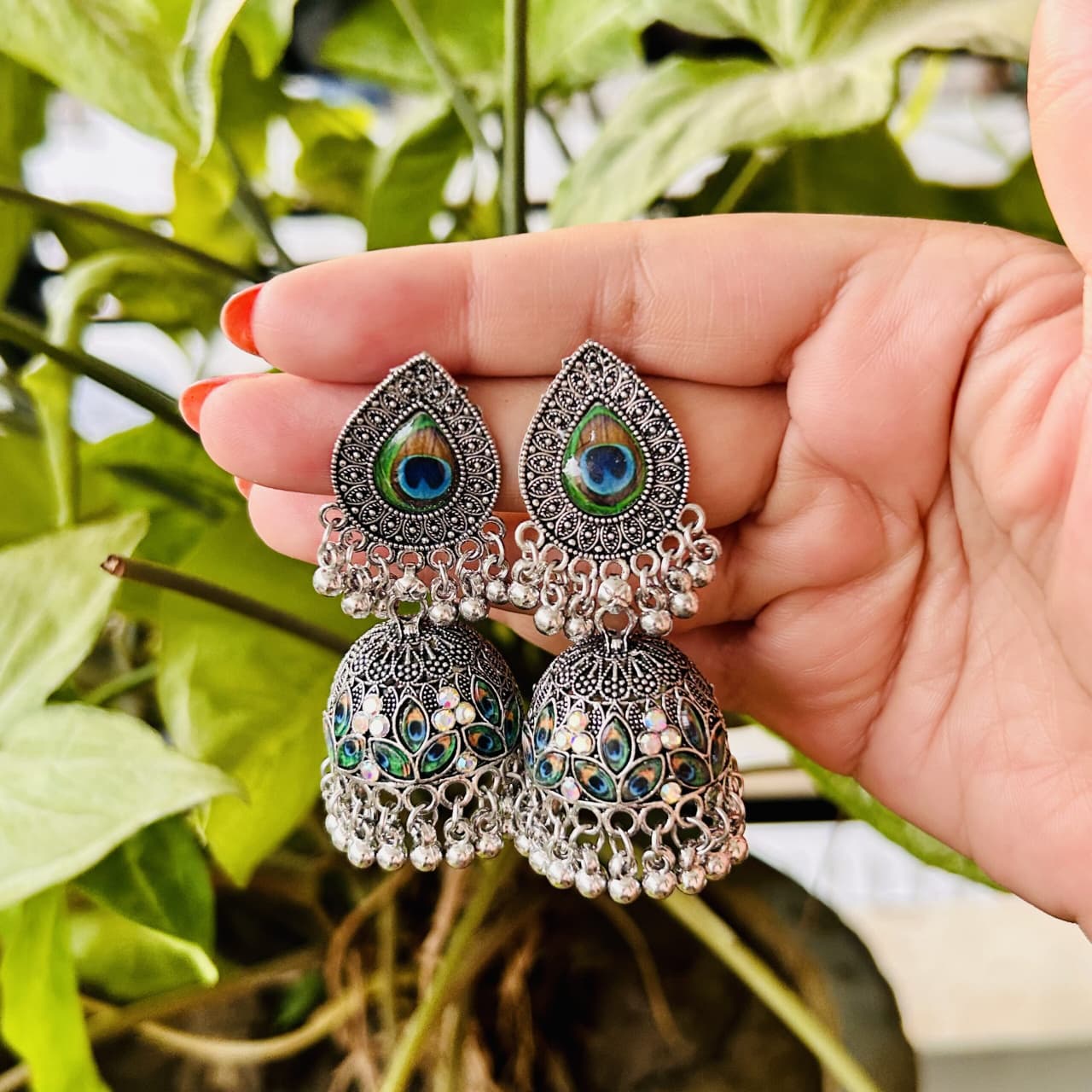 Peacock Oxidised Jhumka Earrings – Vintage Statement Drop Earrings