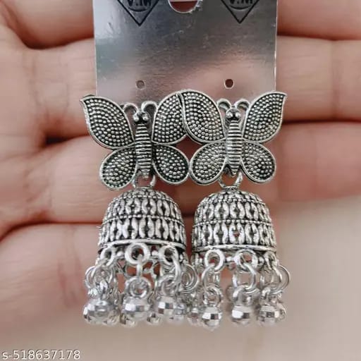Antique Oxidised Silver Butterfly Jhumka Earrings | Traditional Boho Butterfly Wing Drop Earrings for Girls & Women | Ethnic Tribal Jewelry