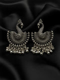 Antique Oxidised Silver Peacock Chandbali Earrings | Traditional Indian Statement Drop Earrings with Ghungroo Detail | Ethnic Boho Fashion