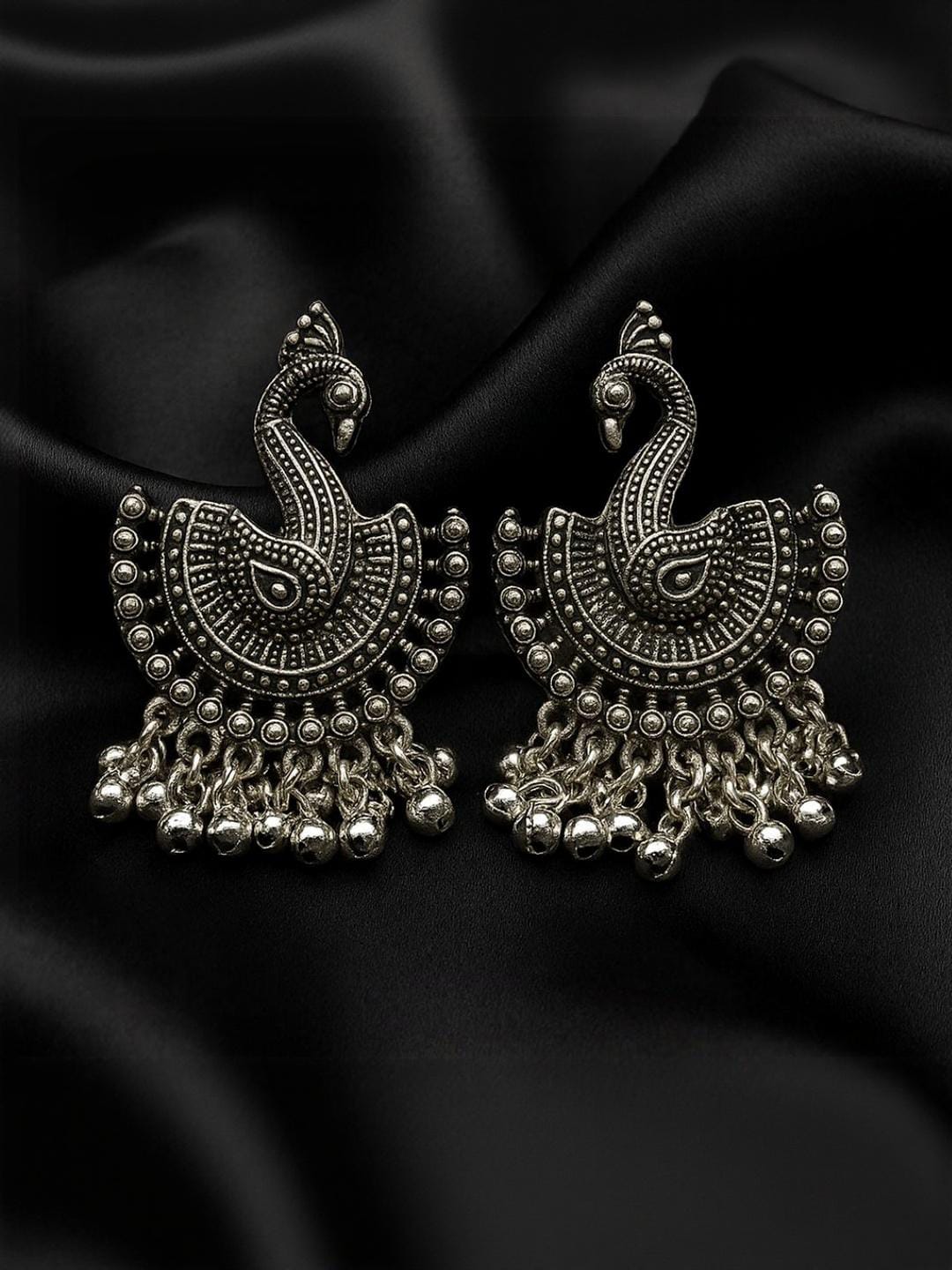 Antique Oxidised Silver Peacock Chandbali Earrings | Traditional Indian Statement Drop Earrings with Ghungroo Detail | Ethnic Boho Fashion