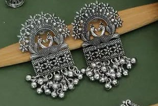 Royal Twin Peacock Rectangular Oxidised Jhumka Earrings